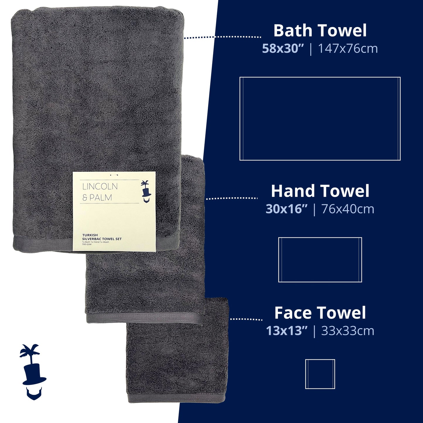Lincoln & Palm Turkish Towel Set – Plush, Absorbent & Silver-Infused (3-Piece)
